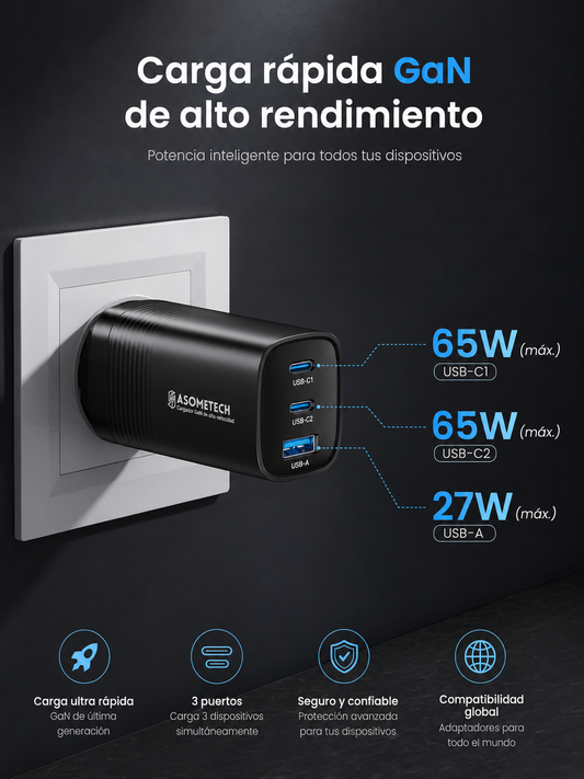 Cargador GaN 65W USB-C para Celular y Notebook