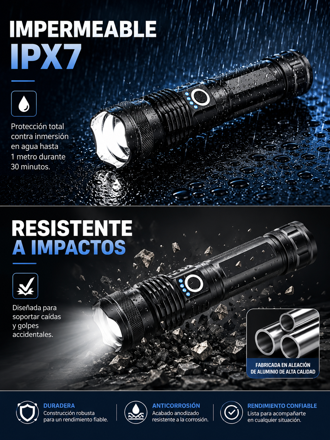 Linterna LED Recargable de Alta Potencia con Zoom