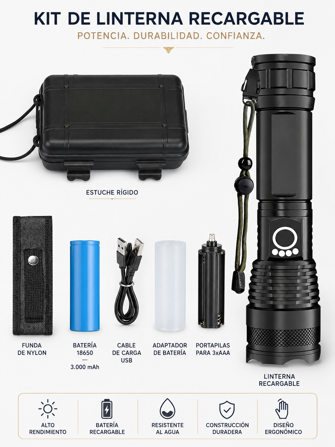 Linterna LED Recargable de Alta Potencia con Zoom