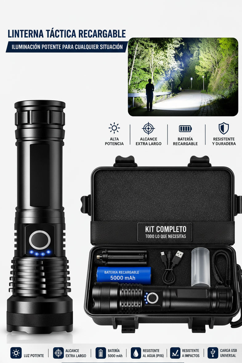 Linterna LED Recargable de Alta Potencia con Zoom