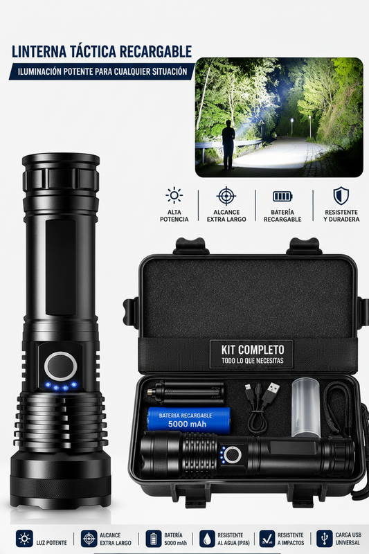 Linterna LED Recargable de Alta Potencia con Zoom
