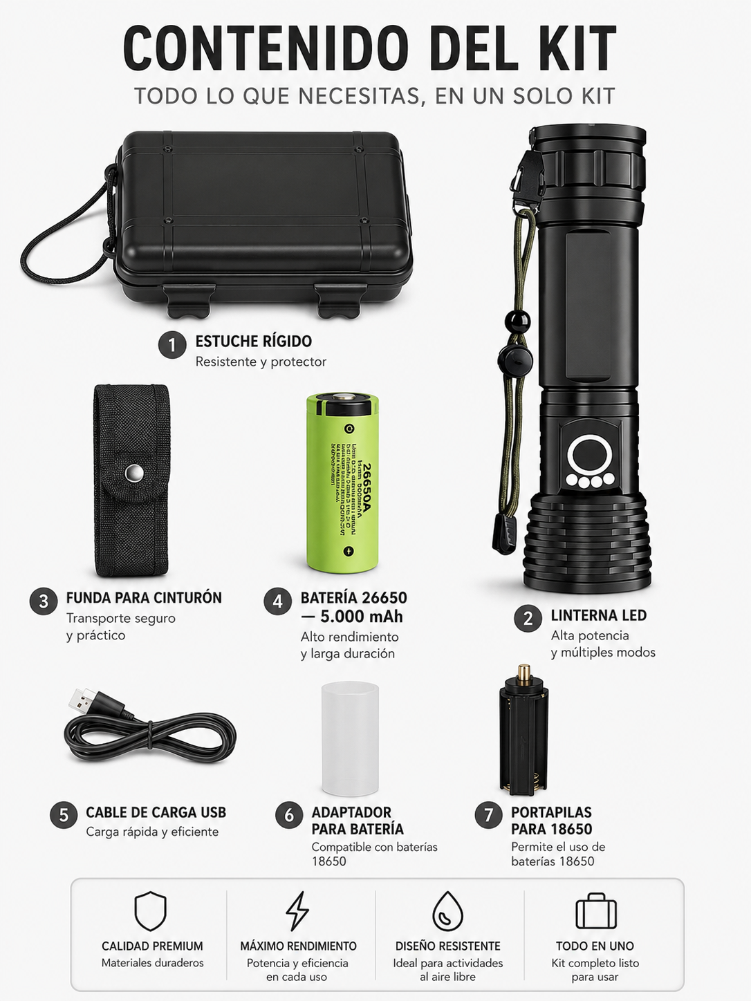 Linterna LED Recargable de Alta Potencia con Zoom