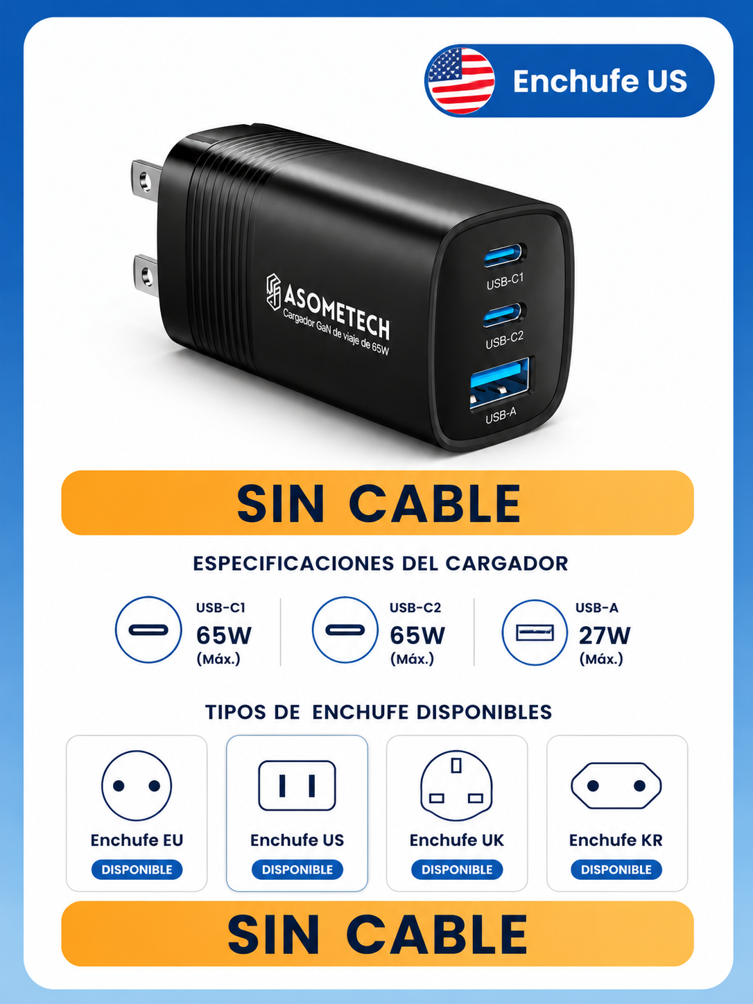 Cargador GaN 65W USB-C para Celular y Notebook