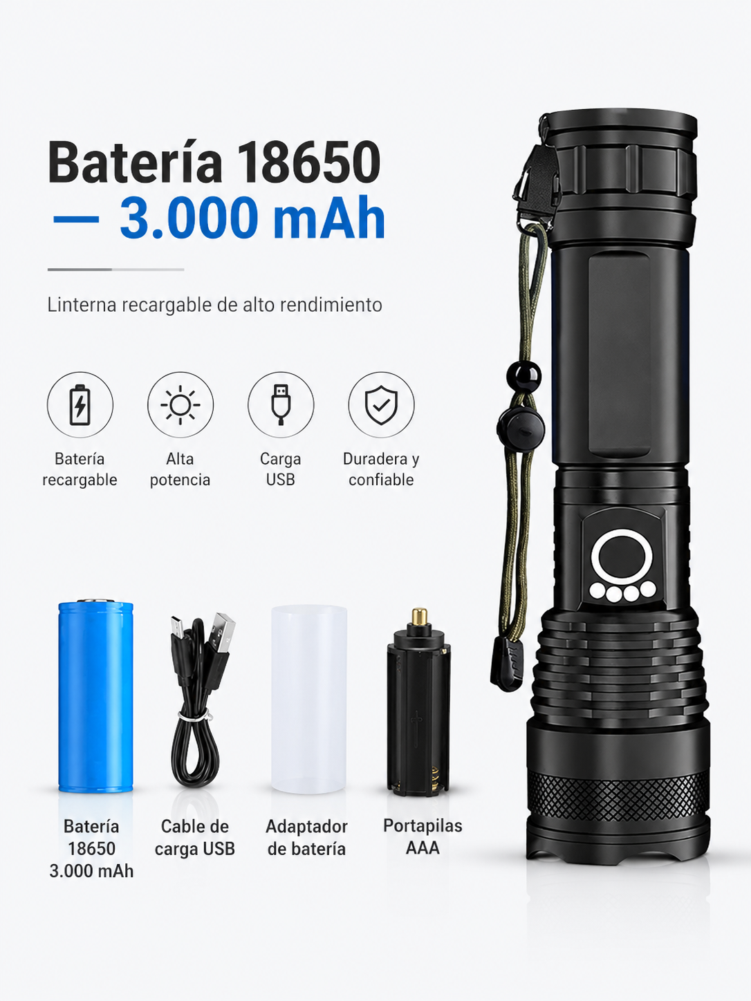 Linterna LED Recargable de Alta Potencia con Zoom