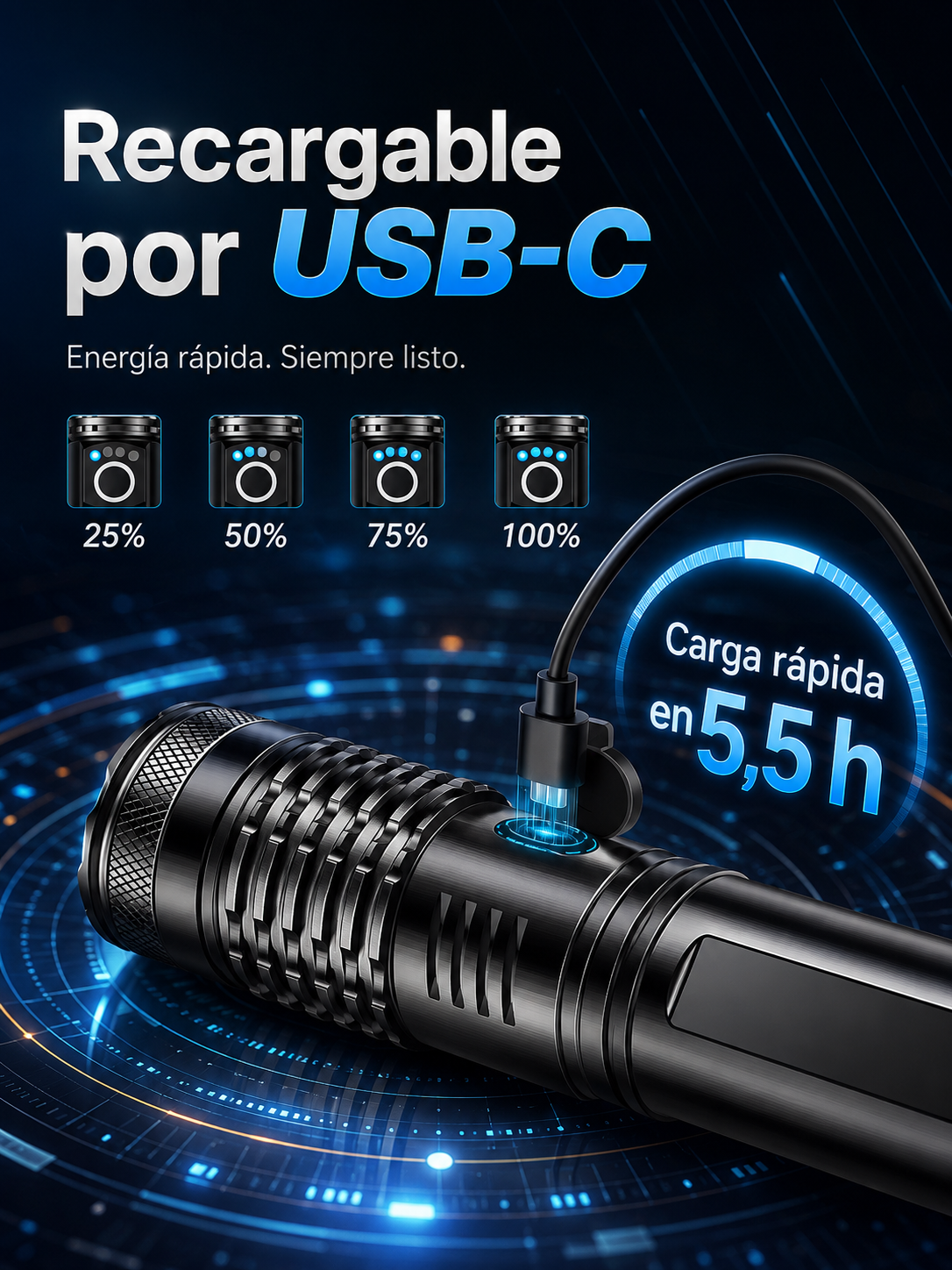 Linterna LED Recargable de Alta Potencia con Zoom