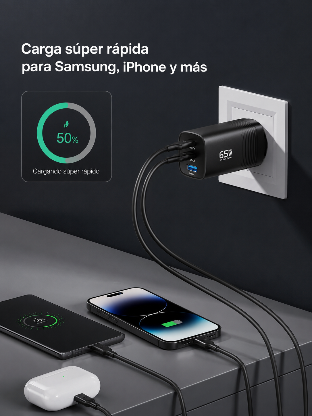 Cargador GaN 65W USB-C para Celular y Notebook