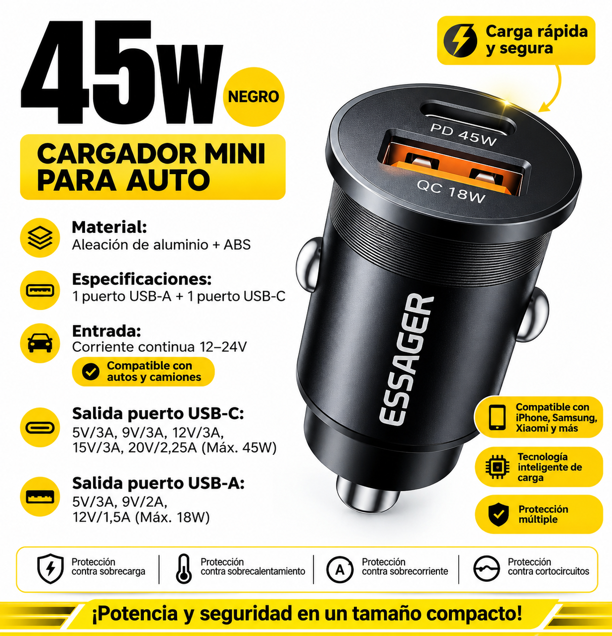Cargador Rápido para Auto 45W
