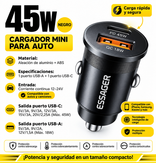 Cargador Rápido para Auto 45W